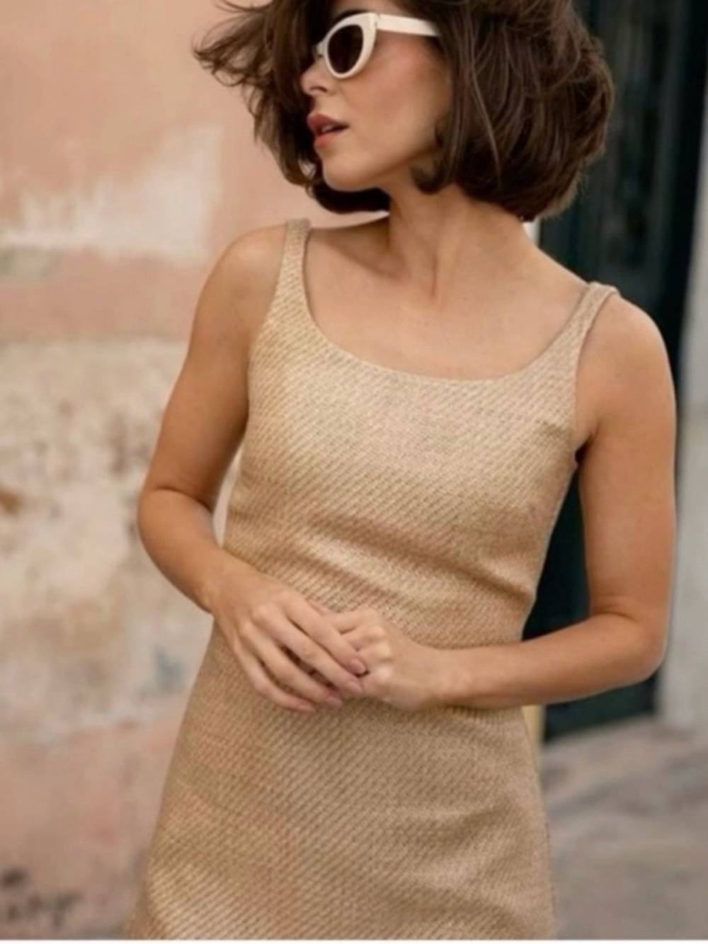 ANTONIO MELANI Beige Woven Dress with Textured Detail